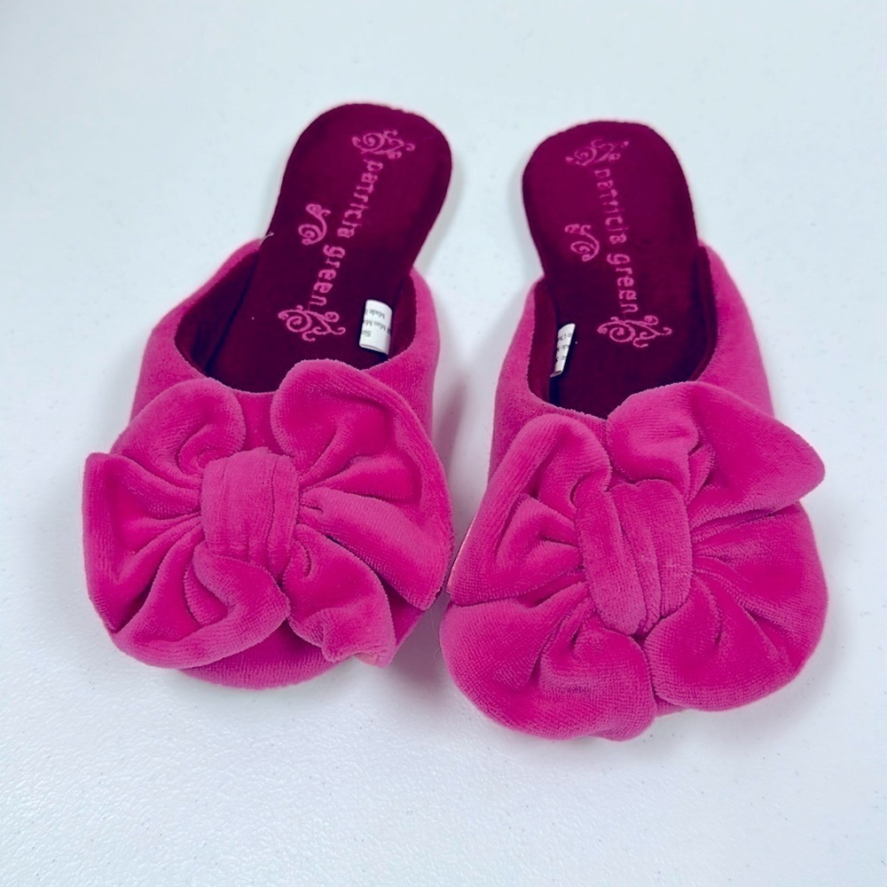 PATRICIA GREEN Betty' Slipper Raspberry Fabric Sz Small Preppy Comfy Bow Girly